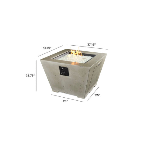 Outdoor Greatroom Co Cove Square gas fire pit bowl with visible flames and dimension annotations.