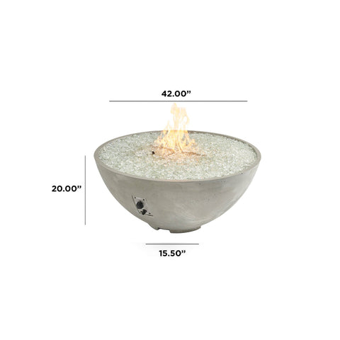 Measurement display of the Outdoor Greatroom Co Cove Edge Round 42-Inch Gas Fire Pit Bowl in natural grey, showing height and diameter, SKU CV-30E.