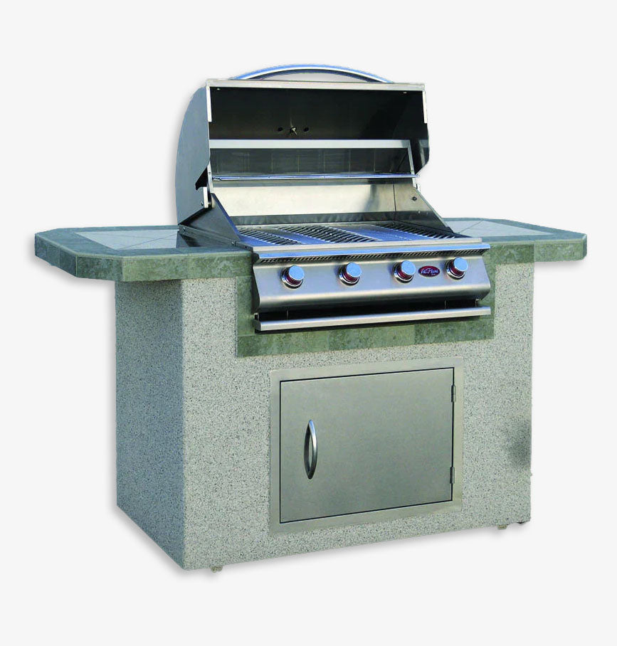 The image shows the Cal Flame Kona Q 4-Burner Liquid Propane BBQ Island with a stainless steel grill, four burners, control knobs, and a 27" storage door. The base is light-colored with a dark countertop, set against a white background.
