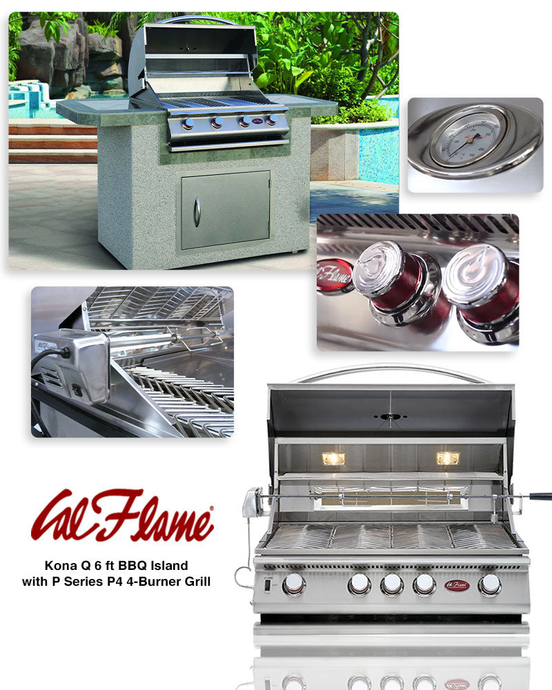 A showcase of the features of the Cal Flame Kona Q 6ft BBQ Island with the P Series P4 4-Burner Grill. Features include built in thermometer, V shaped grates, control knobs with light