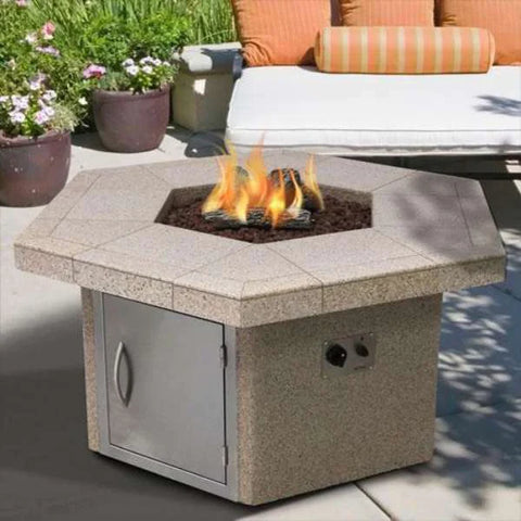 Cal Flame Outdoor 55-Inch Fire Pit with the logs on fire