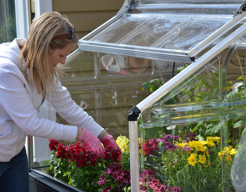 An woman gardening using the Canopia Plant Inn 4' x 4' Raised Garden Bed