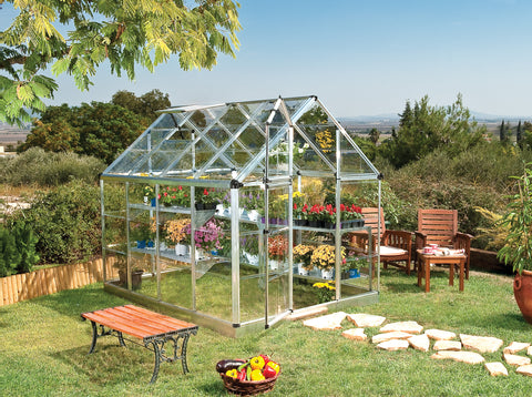 Canopia Snap & Grow 6x8' Greenhouse Silver in a backyard with plants inside.
