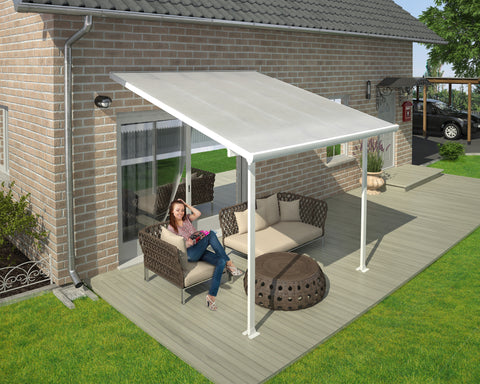 Canopia Feria 10' Patio Cover used with woman and furniture.