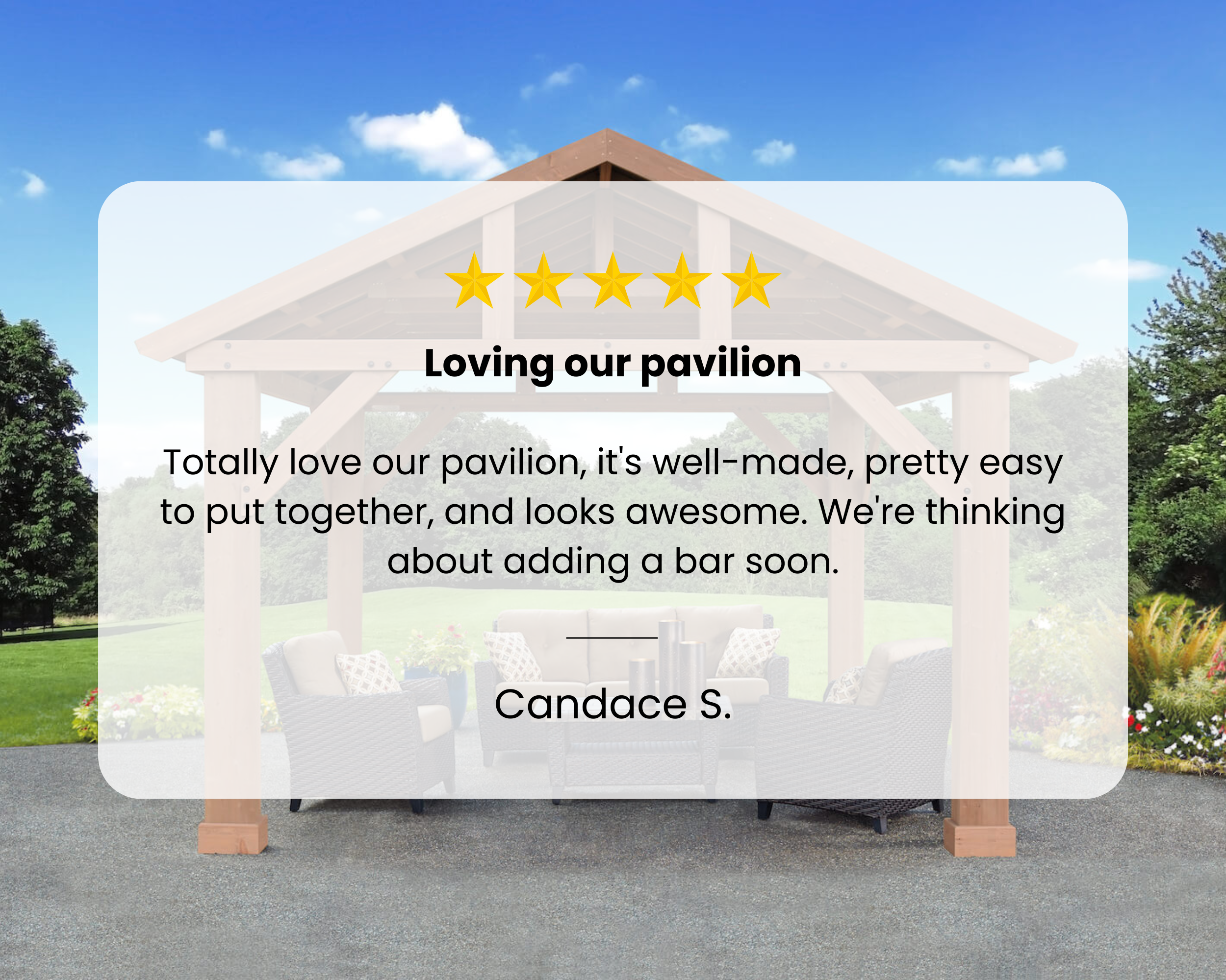Customer review of the Meridian Cedar 14 x 12 Pavilion with Aluminum Roof.