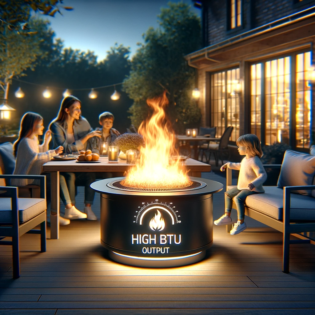 A family gathered around a fire pit at night, with a label on the pit displaying 'High BTU Output' to highlight the flame's intensity and heat.
