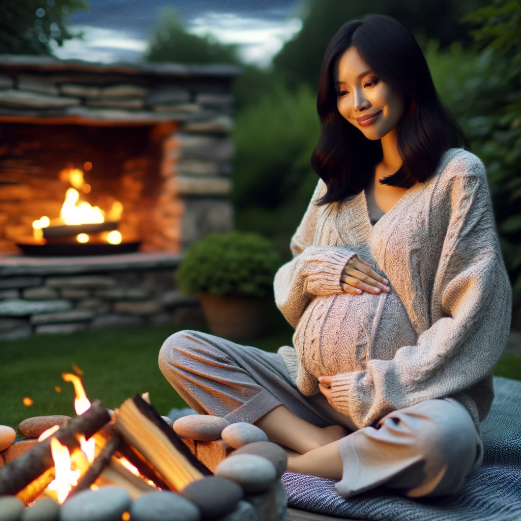 pregnant woman sitting near a fire pit in an outdoor setting