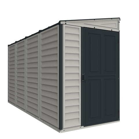 Left view of Duramax Sidemate Plus 4'x10' vinyl resin shed featuring its durable wall panels and roof design.