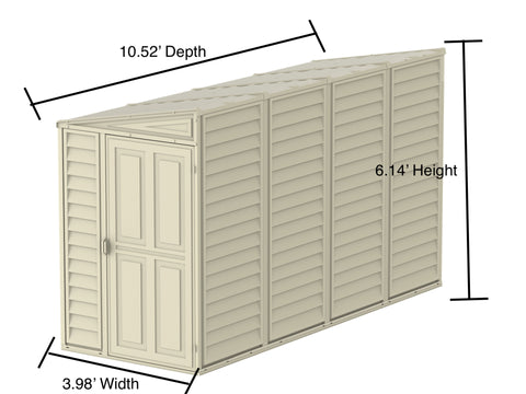 dimensions of the Duramax 4x10 ft Sidemate Vinyl Resin Outdoor Storage Shed with Foundation Kit
