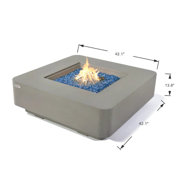 An Elementi Plus Lucerne Square Concrete Fire Pit Table OFG419LG with measurements.