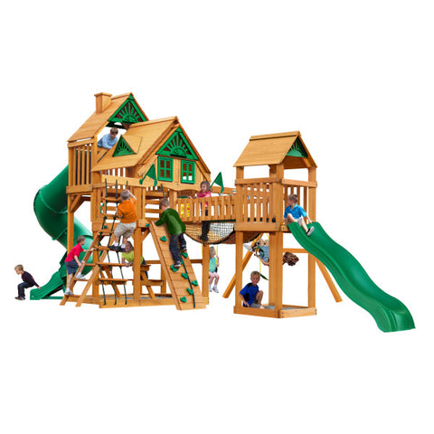 Gorilla Playsets Treasure Trove I Swing Set Treehouse Roof in studio with kids playing