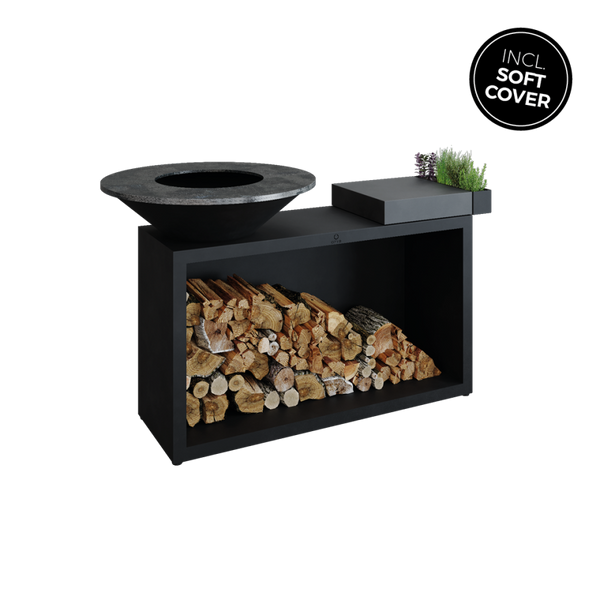 OFYR Island Black 85 Ceramic Dark Grey grill with firewood