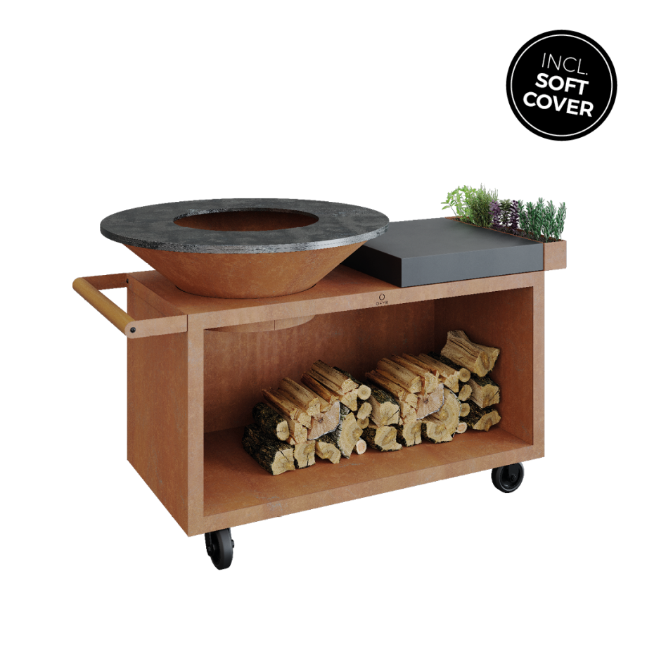 OFYR Island Corten 100 PRO grill with fire woods