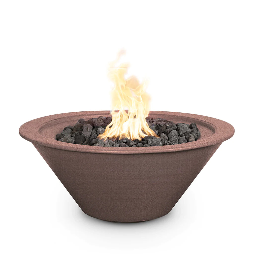 Ignited Round Cazo fire bowl by The Outdoor Plus, showcasing a java powder-coated metal finish and a comforting flame, in white background