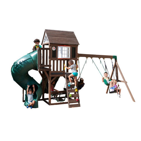 KIds are playing around the outdoor portland playset