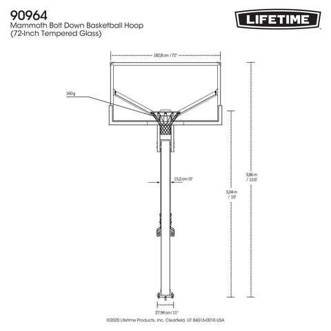 Technical drawing of the front view of the Lifetime 72-Inch Mammoth Bolt Down Basketball Hoop with dimensions.