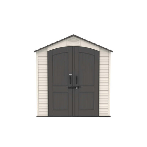 Frontal view of the Lifetime 7 x 7 ft Outdoor Storage Shed showcasing the gray doors and beige walls.