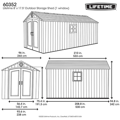 Technical drawing of the Lifetime 8 x 17.5 ft Outdoor Storage Shed with annotated dimensions and a single window.