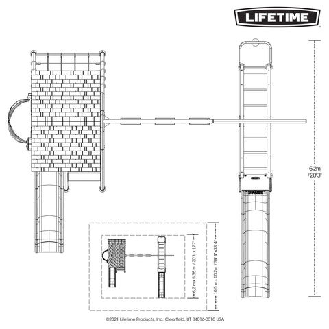 Top-down schematic view of Lifetime 91080 Deluxe Playset with detailed measurements.