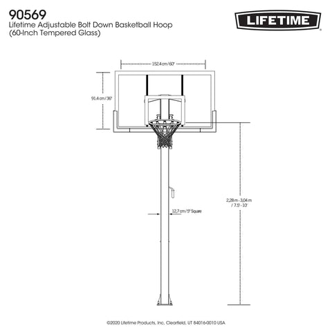 A technical drawing showing the front view of the Lifetime Adjustable Bolt Down Basketball Hoop with dimensions.