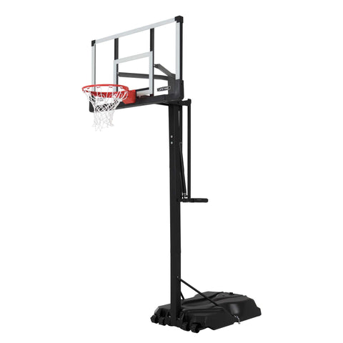 Side view of the Lifetime Adjustable Portable Basketball Hoop with a 54-Inch Tempered Glass backboard showing the pole and base.
