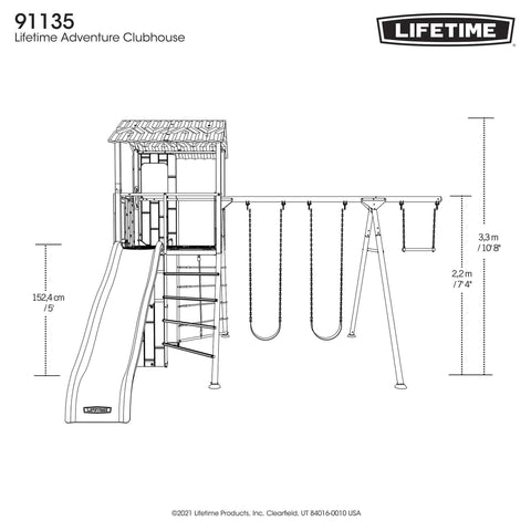 Front view technical schematic of Lifetime Adventure Clubhouse Playset with dimensions.