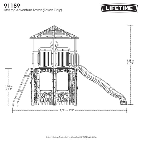 Line art with dimensions of the Lifetime Adventure Slide Tower from a front view.