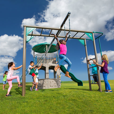 Children playing on swings and slide of the Lifetime Adventure Tower Deluxe playset.