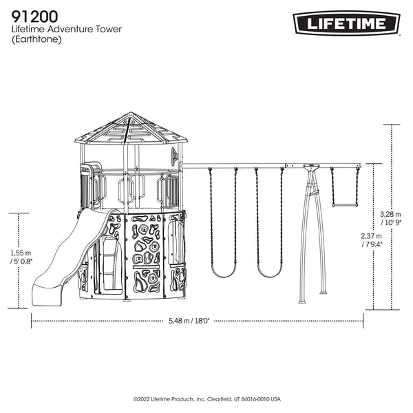 Line art illustration showing the front view dimensions of the Lifetime Adventure Tower Playset, SKU 91200.