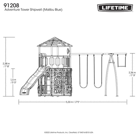 Blueprint illustration of the full structure of the Lifetime Adventure Tower Playset, featuring height measurements and a side view.