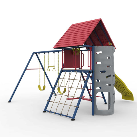 Close-up of the climbing wall and yellow slide of the Lifetime Big Stuff Swing Set against a white background.