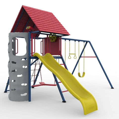 Front view of the Lifetime Big Stuff Swing Set displaying the swings, slide, and climbing net against a white background.