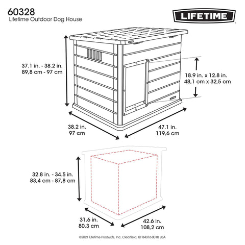 Technical drawing with dimensions of the Lifetime Outdoor Dog House, SKU 60328, showing length, width, and height measurements.