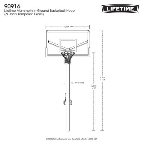 Technical drawing of the front view of the Lifetime Mammoth Bolt Down 60-Inch Basketball Hoop.