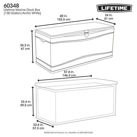 Technical drawing of the Lifetime Marine Dock Box, model 60348, showing dimensions in inches and centimeters.