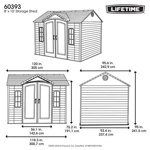 Technical drawing of the Lifetime 10 x 8 ft. Outdoor Storage Shed showing the dimensions of each side.