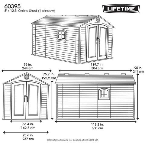 Line art illustration of the Lifetime 8 ft x 12.5 ft Outdoor Storage Shed with detailed dimensions, providing a clear visual guide for size and space requirements.