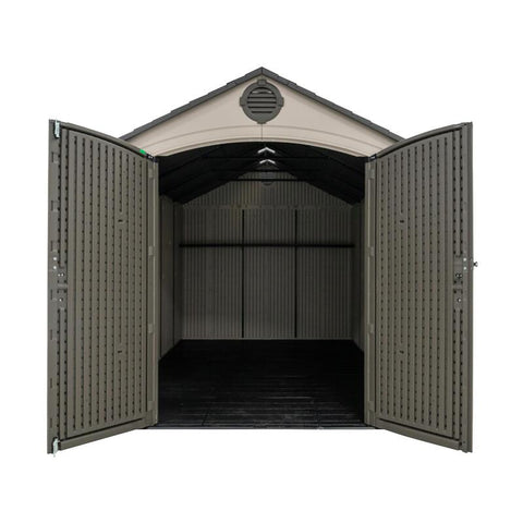 Opened Lifetime 8 ft x 12.5 ft Outdoor Storage Shed, showcasing the interior.