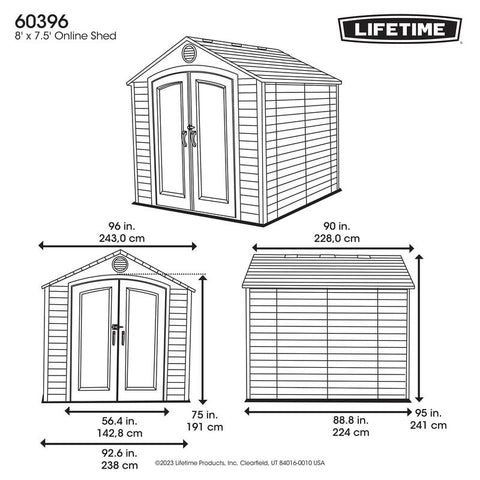 A technical drawing of the Lifetime 8 ft x 7.5 ft Outdoor Storage Shed with detailed dimensions and the brand logo.