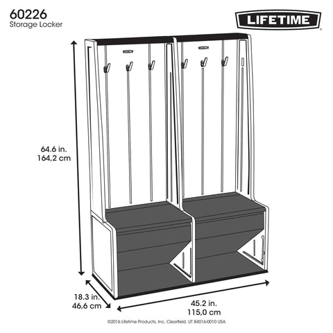 Dimensioned drawing of the Lifetime home and garage storage locker showing height, width, and depth.