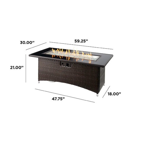 A diagram showing the dimensions of the Fire Pit Table, with measurements for height, diameter, and depth.