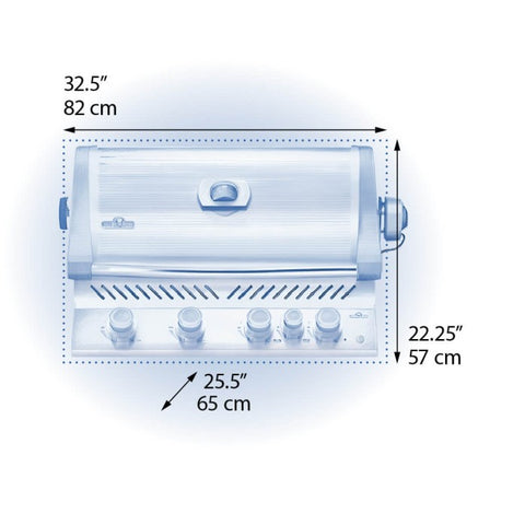 Dimensional blueprint of Napoleon Grills Built-In Prestige® 500 RB showing length, width, and height measurements.