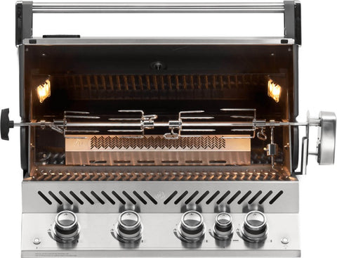 Open lid view of Napoleon Grills Built-In Prestige PRO™ 500 RB showing the interior with grill racks and burners.