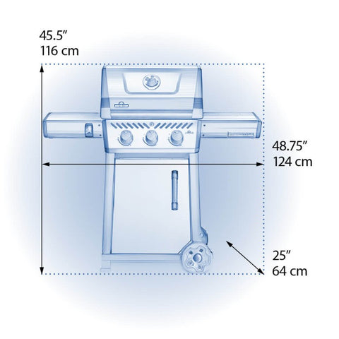 Dimensional blueprint of the Napoleon Grills Freestyle 365 3-Burner Gas Grill showing height, width, and depth measurements.