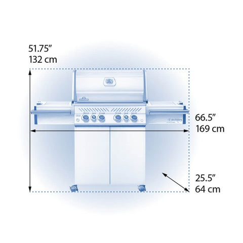 Dimensions of the Prestige PRO™ 500 RSIB 6-Burner Grill With Infrared Side and Rear Burners
