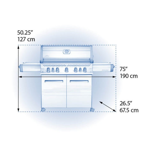 Dimensional diagram of the Napoleon Grills Prestige® 665 RSIB 7-Burner Grill showing measurements in inches and centimeters.