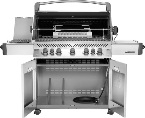 Internal structure view of the Napoleon Grills Prestige® 665 RSIB detailing the grill racks, burners, and storage compartments.