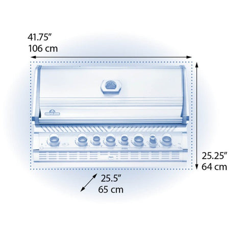 Dimensional blueprint of Napoleon Grills Built-In Prestige PRO™ 665 RB displaying the grill's measurements in inches and centimeters.