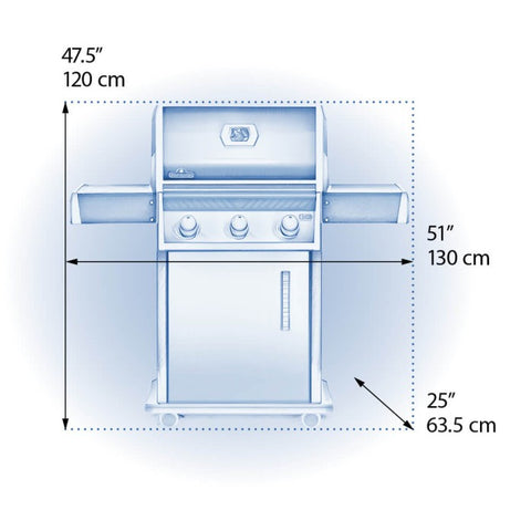 Technical drawing of Napoleon Grills Rogue® 425 3-Burner Gas Grill showing the dimensions: width 47.5 inches (120 cm), height with lid closed 51 inches (130 cm), and depth 25 inches (63.5 cm).