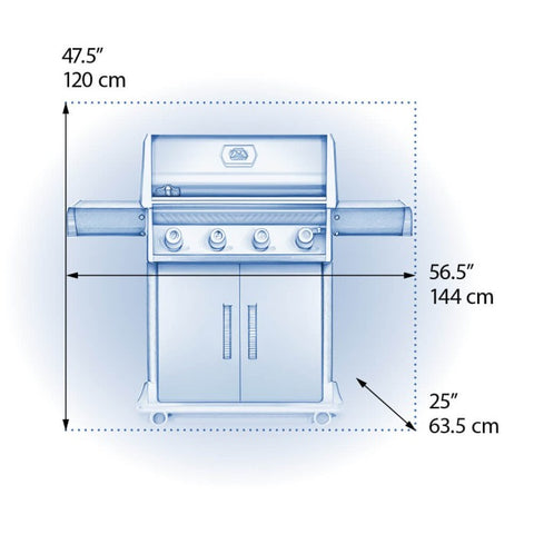 Technical drawing of Napoleon Grills Rogue® 525 4-Burner Propane Gas Grill showing the dimensions: width 47.5 inches (120 cm), height with lid closed 56.5 inches (144 cm), and depth 25 inches (63.5 cm).